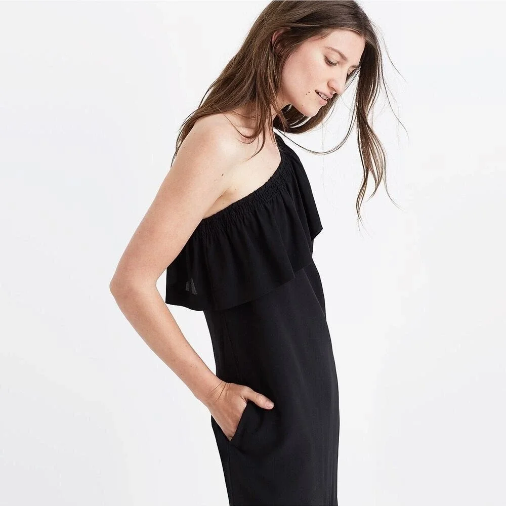 MADEWELL‎ Silk One-Shoulder Ruffle Mini Shift Dress Black Pockets NWT Women's 0 - Picture 2 of 9